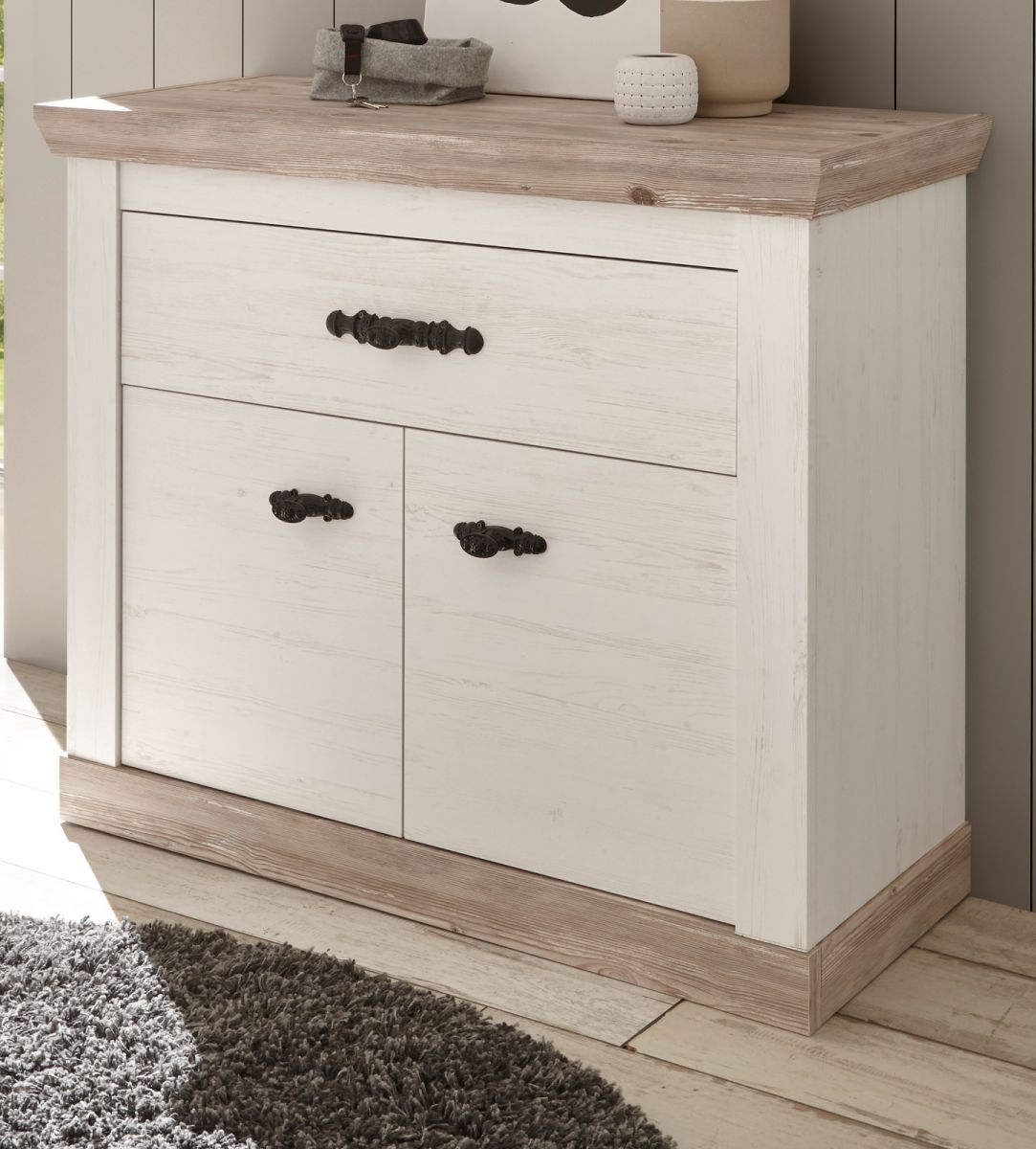 Kommode Sideboard Schrank Garderobe Flur weiß Pinie Landhaus 107 x 89 cm Rovola