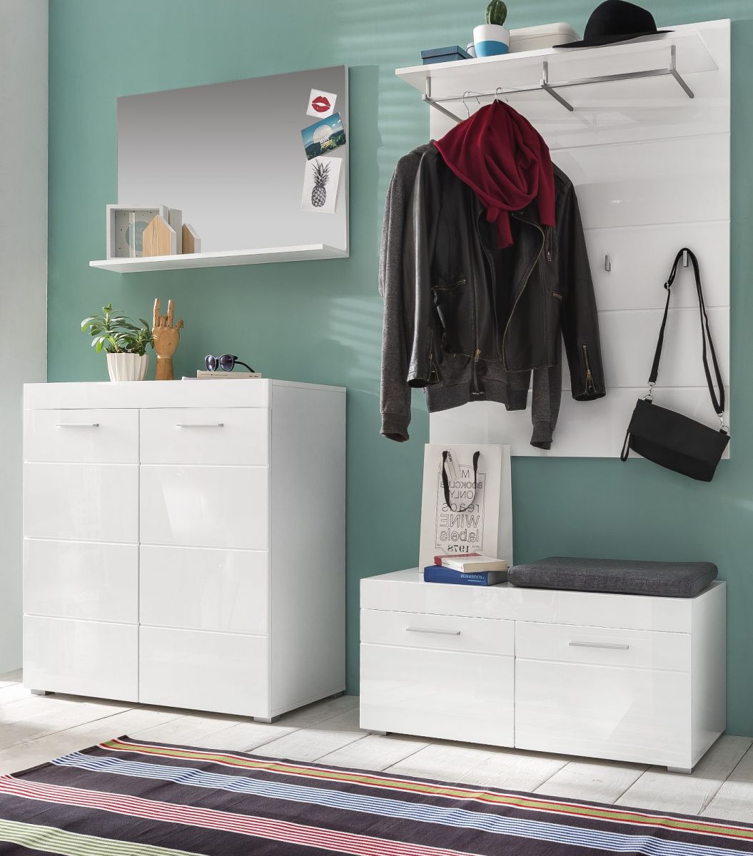 Garderobe Set weiß Hochglanz Flur Diele Kombination 4-teilig 192 x 195cm Amanda